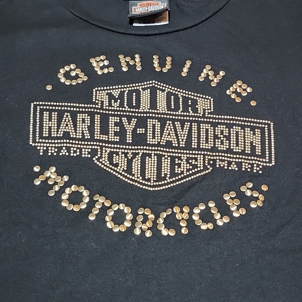 HARLEY DAVIDSON MOTORCYCLE 2011 GOLD STUDDED BAR & SHIELD BLACK TEE-SHIRT MEDIUM